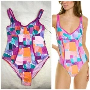Nanette Lepore Pink Multi Color Block Molded One Piece Swimsuit Size 12 Large